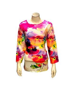 Vibrant Colorful LG Watercolor Floral Print Long Sleeve Loose Fit Casual Comfort